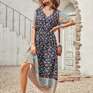 Elegant Asymmetrical Floral Dress in Navy and Turquoise